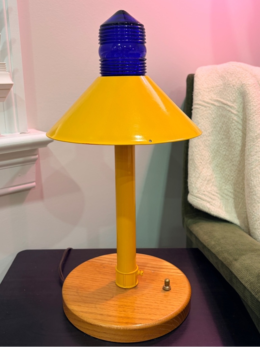 Vintage Airport Runway Table Lamp Yellow Metal Cobalt Blue Glass Mid Century
